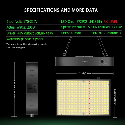 200W LED Grow Light Full Spectrum Dimmable Plant Light 2.5Umol Growing Lamp for Indoor Plant Flower - Image 4
